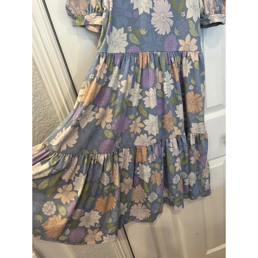 Dot‎ Dot Smile Girls Floral Tiered Knit Dress Blue Purple Puff Sleeve 8/10 k7099